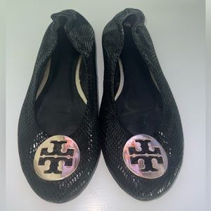 Tory Burch snakeskin ballet flat black gold buckle size 9